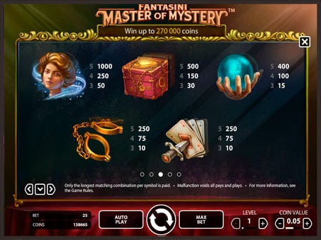 Выплаты в слоте Fantasini: Master of Myster
